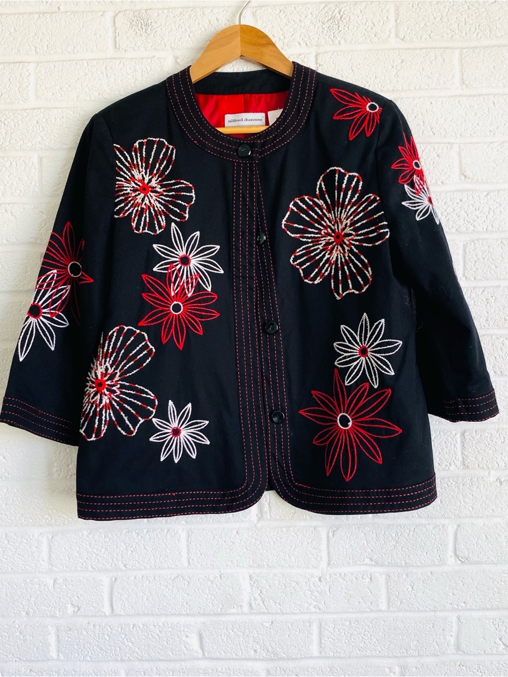 Alfred Dunner Black Blazer Jacket Floral Embroidery Sz 8P Vintage Grandmacore